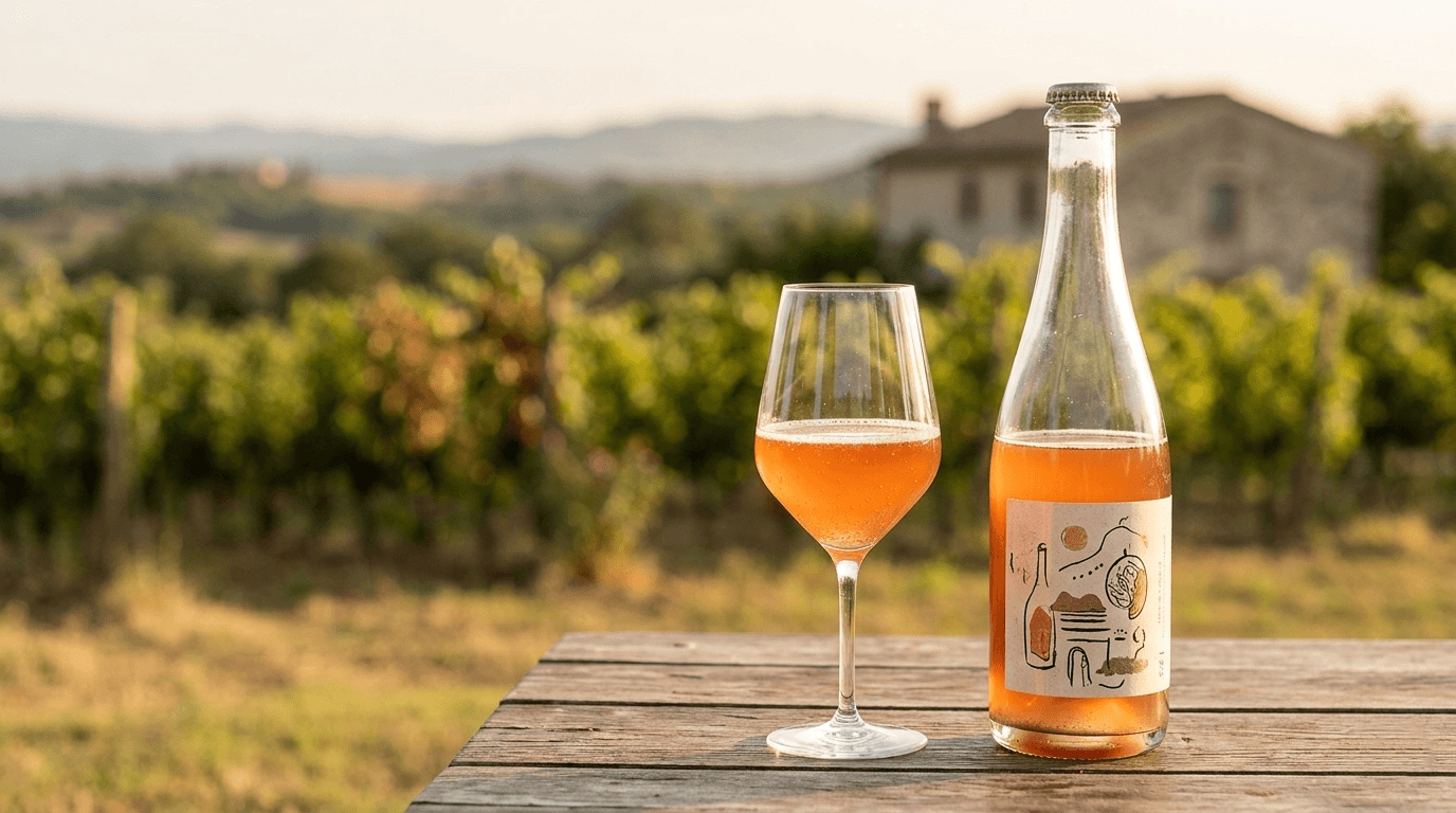 Natural wine bottle and glass in a vineyard setting